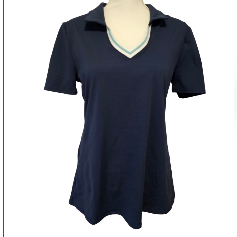Sincerely Jules Navy Collared V-Neck Top Women's Size Medium NWOT